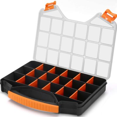 Massca Hardware Organizer box with dividers - 18 Compartments Small Parts Organizer with Accessible Hinged Lid - Durable Plastic Screw Organizer Store Nuts, Bolts, Screws, Nails, & Small Hardware