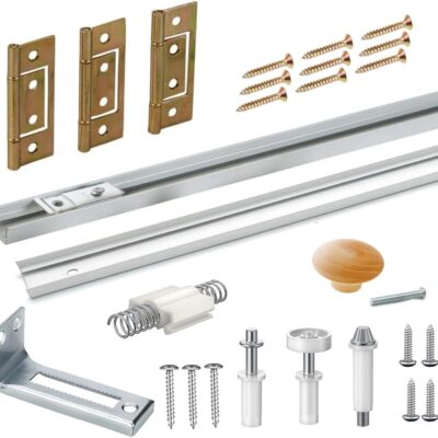Bifold Door Hardware with Track, Bi-fold Closet Door Hardware Repair Tool Kit, Included Top Guide Wheels, Top Pivot, Bottom Pivot, Spring, Metal Pivot Pin and Steel Track (36 inch)