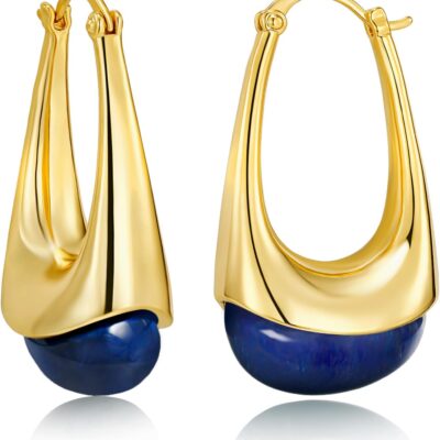 Long Oval Chunky Dangle Gold Hoops with Colored Resin Gemstone Statement Earrings for Women by SNGIA, (Green, Brown, Light blue, Dark Blue), Bold Drop Handmade Exaggerated Irregular Trendy Bohemian Jewelry Gifts, Unique Dangling Teardrop Baroque Stone Summer Beach Fashion Earrings Accessories, Round Vintage Thick Circular Nickle Free Huggies Hoop Earrings.