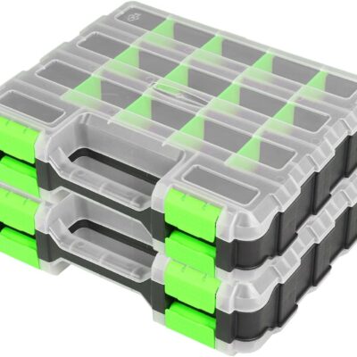 Tool Box with Transparent Lid, Double Side 34-Compartments Organizer Box with Removable Dividers for Hardware, Screws, Bolts, Nails, Beads, Jewelry and Fishing Accessories, Green, 2 Pack