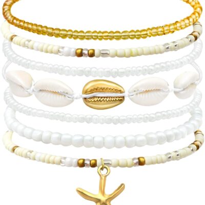 Shell Summer Beach Bracelets for Women Seashell Bracelets Boho Layered Beaded Bracelets Set Starfish Bracelets Handmade Stretch Bracelets Summer Beach Jewelry Accessories Gifts