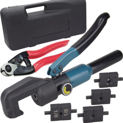 Custom Hydraulic Crimper Tool for 1/8 Stainless Steel Cable Railing Kit Hardware System Fittings, with Cable Cutter