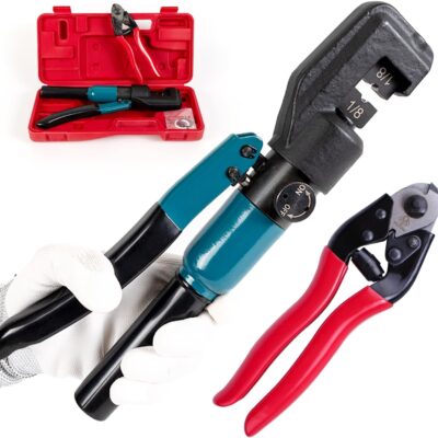 Muzata Custom Cable Railing Crimping Tool Hydraulic Crimper Hydraulic Crimping Tool for 1/8" Stainless Steel Cable Railing Kit Wire Rope Swaging Kit with Wire Cutter CR09 CK12