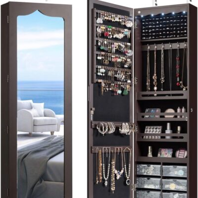 CHARMAID Jewelry Cabinet Armoire, Wall Mount Door Hanging, Lockable Jewelry Organizer with 47.5'' Full Length Mirror, 5 Lights, Large Jewelry Storage Box with 6 Acrylic Drawers (Brown)