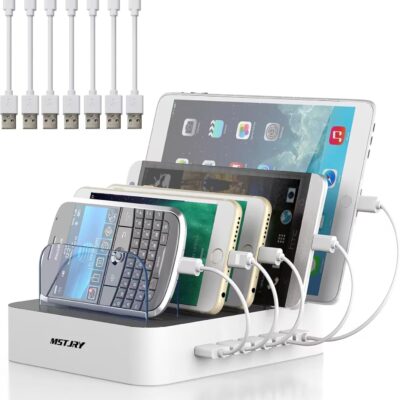 MSTJRY Charging Station for Multiple Devices : 5 Port Multi USB-A Charger Stations Multi-Device Organizer Charging Dock Designed for iPhone iPad Cell Phone Tablets (7 Short Cables Included)