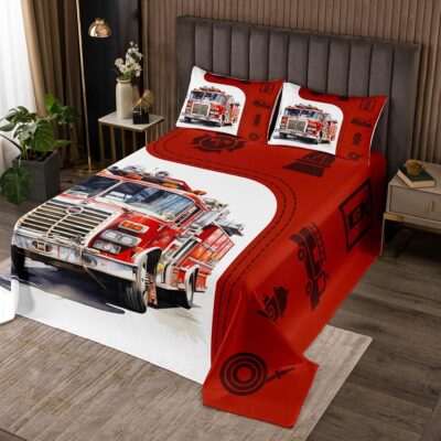 Castle Fairy 3D Fire Truck Bedding Set Queen Size 3 Pcs Fire Fighting Equipment Silhouette Bedspread for Kids Teens Adults Red Grid Watercolor Fire Engine Coverlet Set with 2 Pillowcases
