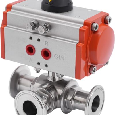 Pneumatic 3-way Ball Valve 304 Stainless Steel Tri-Clamp Ferrule Type for HVAC Systems, Solar Water Heaters, Fire Fighting Equipment (1 inch Φ25)