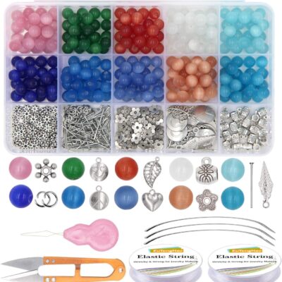 EuTengHao 488Pcs Cat Eye Glass Beads Set Natural Gemstone Round Loose Stone Beads with Pendant Accessories Open Jump Ring Spacer Beads Bracelet String for Bracelet Necklaces Crafting Earrings Jewelry