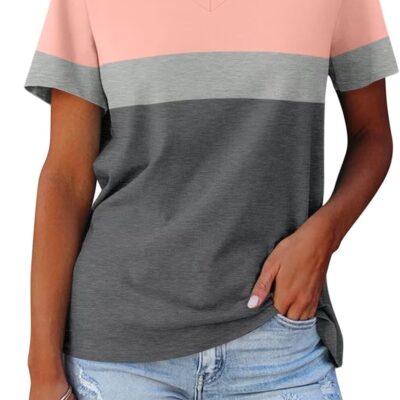 Minetom Women's Color Block/Solid Tops Short Sleeve V Neck T Shirts Summer Casual Tees