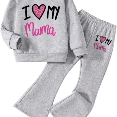 Toddler Girl Clothes-Letter Print Crew Neck Sweatshirt and Flared Pants Set-Little Girls Outfit Size (3-7 T)