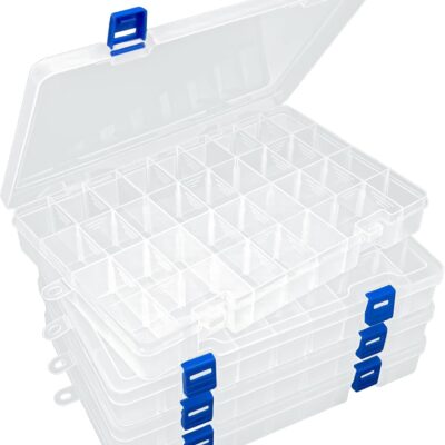 DUOFIRE Plastic Organizer Container Storage Box Adjustable Divider Removable Grid Compartment for Jewelry Beads Earring Container Tool Fishing Hook Small Accessories(34 Grids, White X 4)