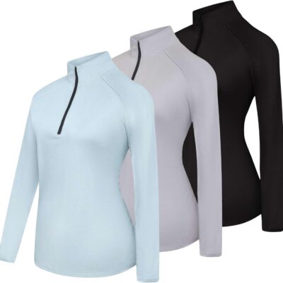 Real Essentials 3 Pack: Womens Dry-Fit Long Sleeve Quarter Zip & Full Zip Up Hoodie Workout Jacket (Available in Plus)