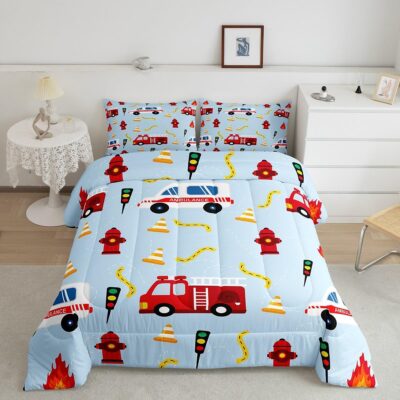 Fire Truck Comforter Set Twin Size,Fire Fighting Equipment Red Fire Engine Bedding Set,Kids Boys Cartoon Car Traffic Light Quilt Set Watercolor Blue Duvet Insert Teens Child Room Decor 2Pcs