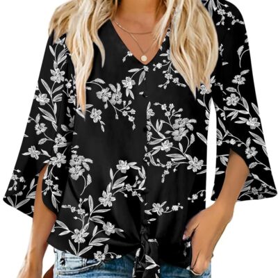 Womens 2025 Casual Summer Tops V-Neck Button Down Shirts Loose Fit Tunic Blouses