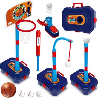 4 in 1 Basketball Hoop for Kids 1-3, 3-5, Toddler Basketball Goal and T Ball Set, Adjustable Basketball Hoop, Indoor Outdoor Sports Toys, Birthday Gifts for Kids Boys 1 2 3 4 5 Years Old