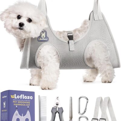 Dog Grooming Hammock Harness for Dogs & Cats with Pet Nail Clipper Trimmer - Cat Hanger Sling for Trimming Clipping Nails- Dog Hammock Restraint Bag for Small Medium Large Dog （ Grey S ）