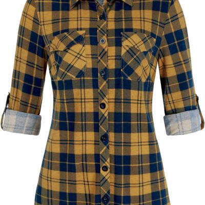 DJT Womens Soft Stretchy Knit Plaid Shirts Roll Up Long Sleeve Collared Button Down Blouses Tops