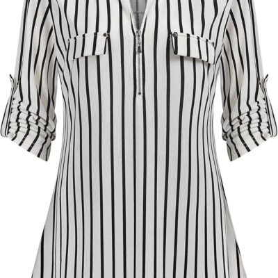 Ninedaily Women's 3/4 Sleeve Plaid Shirts Zip Floral Casual Tunic Blouse Tops