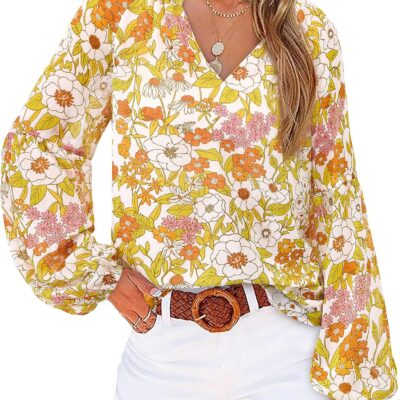 BTFBM Boho Blouses for Women Dressy Casual Floral Long Sleeve Shirts V Neck Lightweight Chiffon Summer Spring Tops 2025